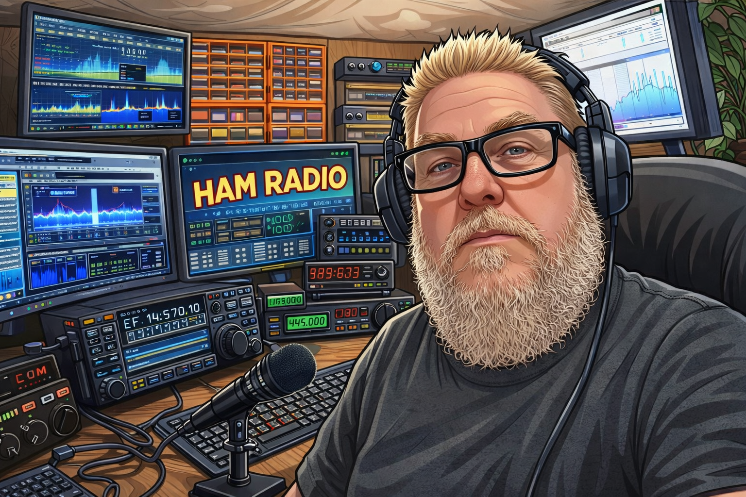 Cartoon illustration of the VA3HKW radio shack