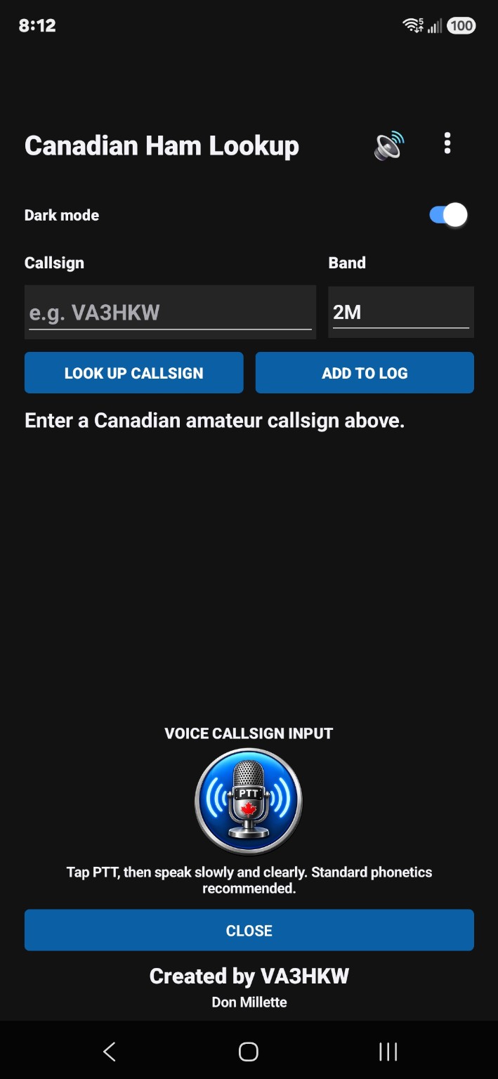 Actual screenshot of the Canadian Ham Lookup Android app